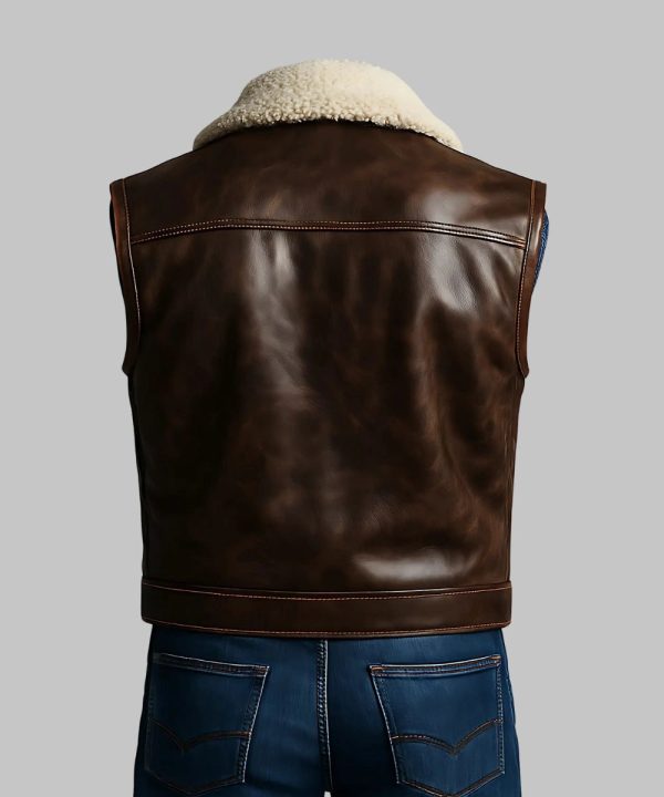 Men's Retro Leather Plush Lapel Collar Vest Brown