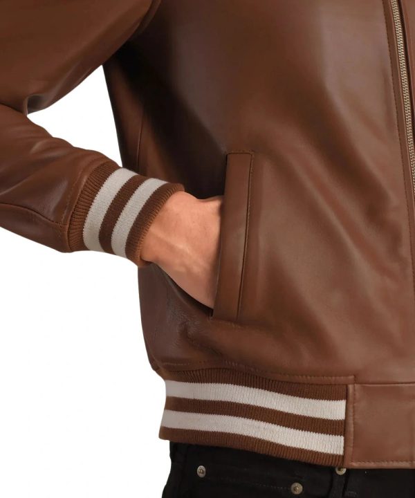 Men's Biker Leather Varsity Bomber Jacket Brown