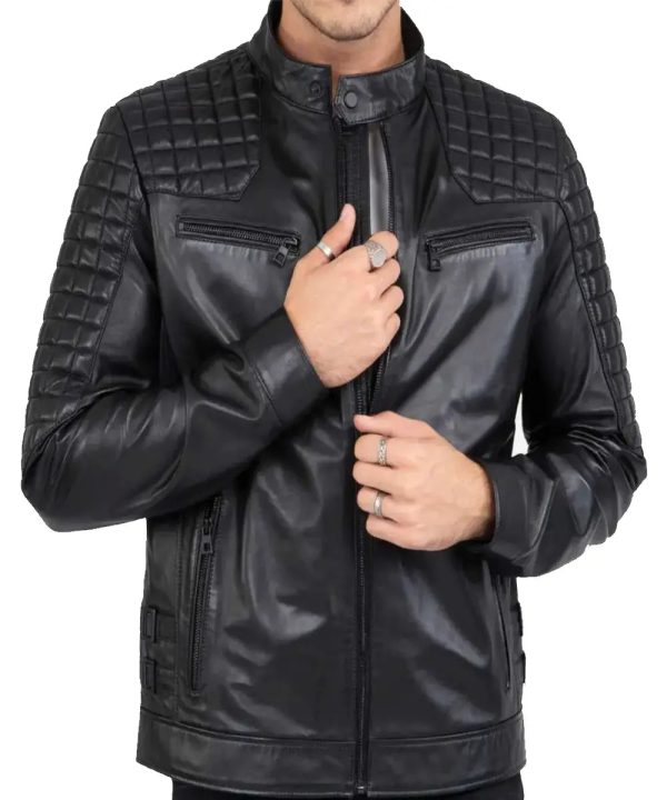 Men's Cafe Racer Quilted Biker Leather Bomber Jacket Black