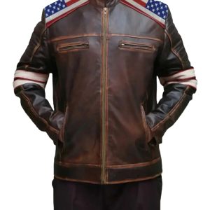 Mens American Flag Leather Motorcycle Bomber Jacket Dark Brown