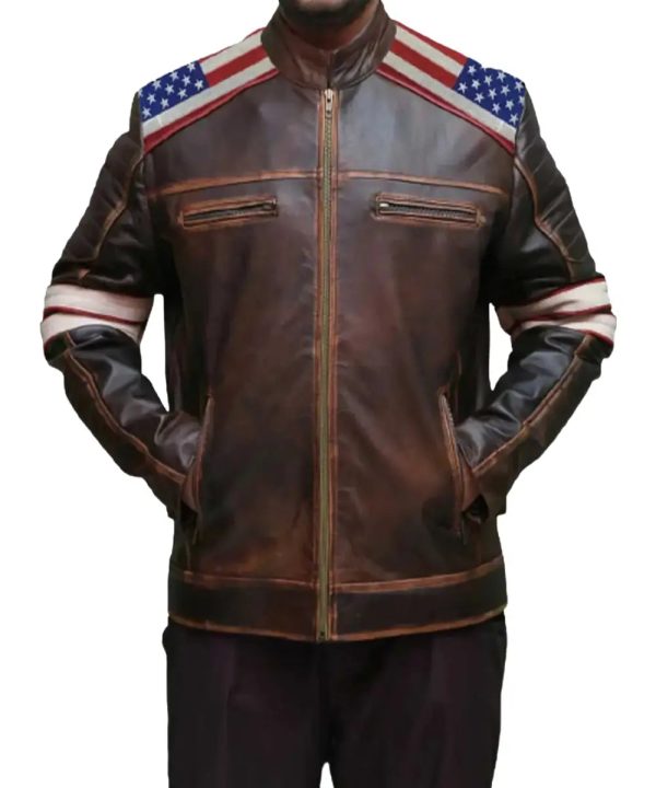 Mens American Flag Leather Motorcycle Bomber Jacket Dark Brown