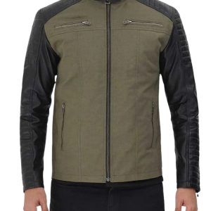 Mens Army Wool & Leather Cafe Racer Bomber Jacket Green And Black