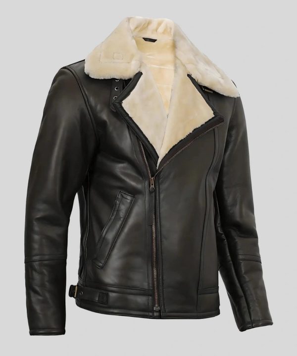 Mens Asymmetrical Style Shearling Leather Jacket Black