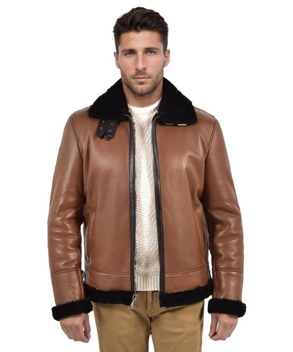 Mens Aviator Brown Shearling Leather Bomber Jacket