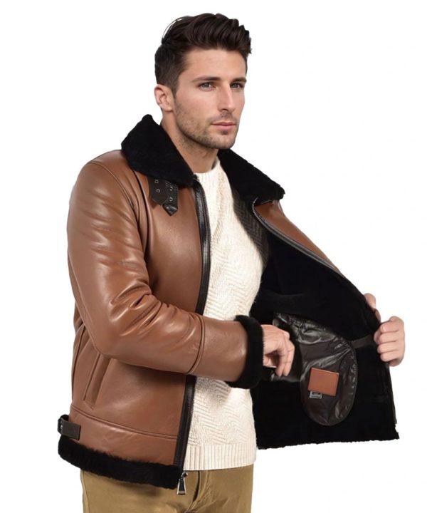 Mens Aviator Shearling Brown Leather Bomber Jacket