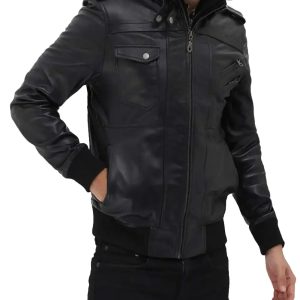 Mens Biker Bomber Black Hooded Leather Jacket