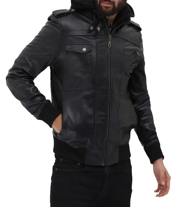 Mens Biker Bomber Black Hooded Leather Jacket