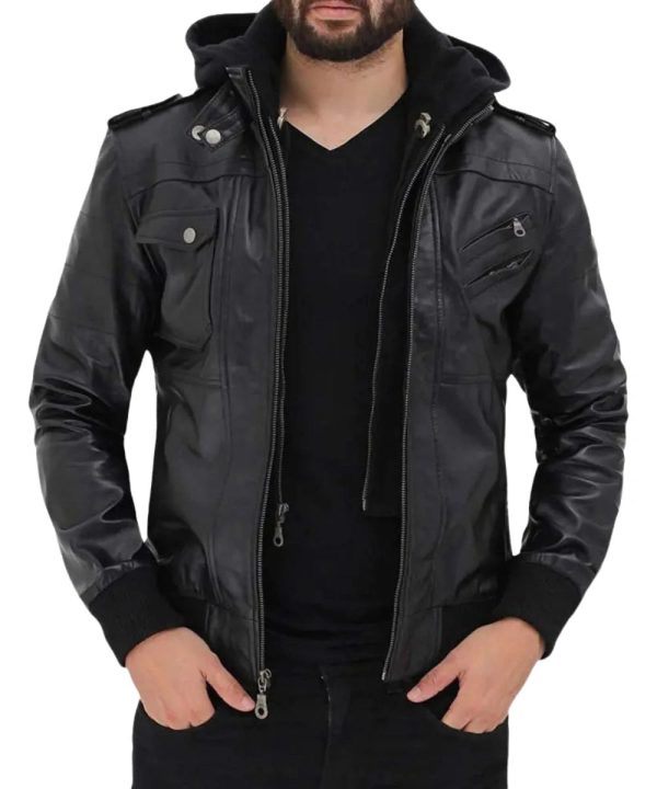 Mens Biker Bomber Hooded Leather Jacket Black
