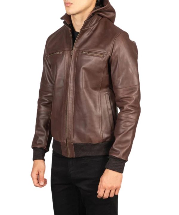 Mens Biker Bouncer Biz Brown Hooded Leather Jacket