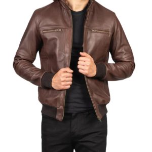 Mens Biker Bouncer Biz Hooded Leather Jacket Brown