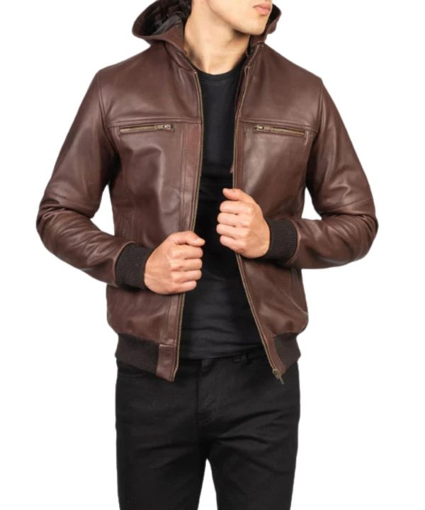 Mens Biker Bouncer Biz Hooded Leather Jacket Brown