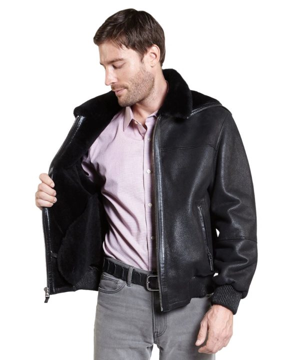 Mens Black Aviator Shearling Real Leather Bomber Jacket