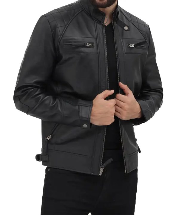 Mens Black Biker Motorcycle Leather Bomber Jacket