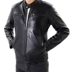 Mens Black Cafe Racer Genuine Lambskin Leather Bomber Jacket
