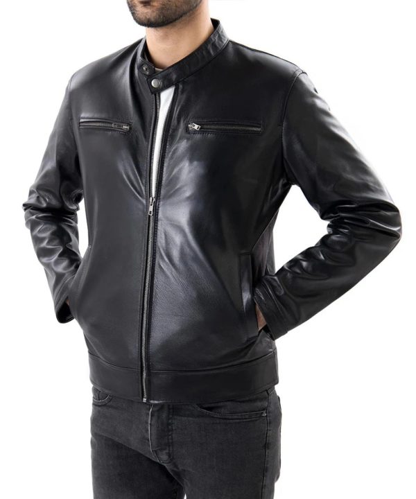 Mens Black Cafe Racer Genuine Lambskin Leather Bomber Jacket