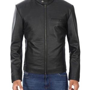 Mens Black Cowhide Leather Cafe Racer Jacket