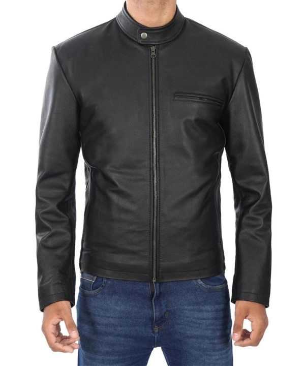 Mens Black Cowhide Leather Cafe Racer Jacket