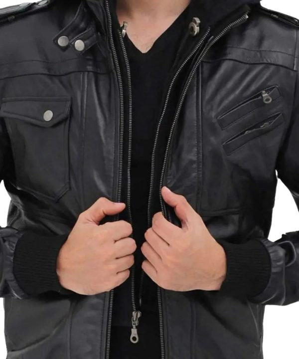 Mens Black Hooded Leather Biker Bomber Jacket