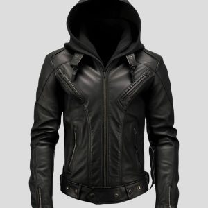 Mens Black Hooded Leather Jacket