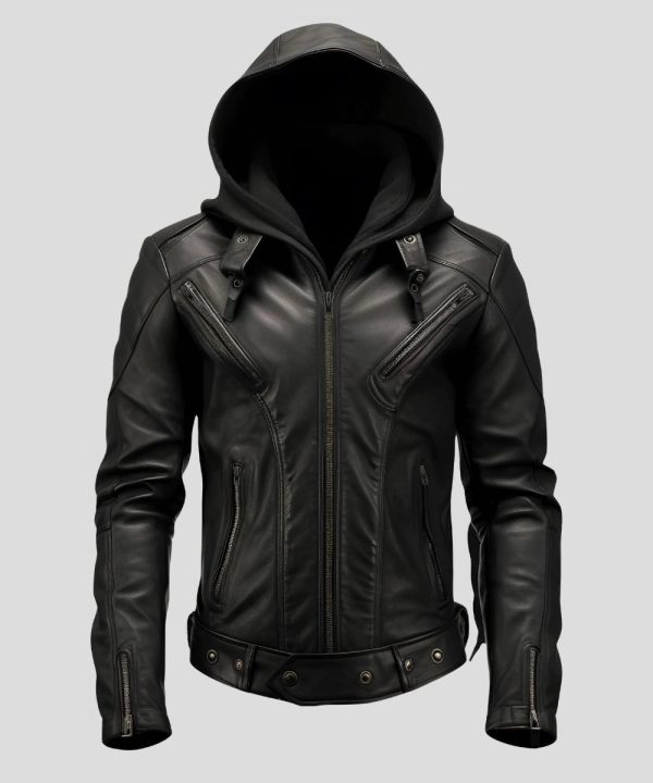 Mens Black Hooded Leather Jacket