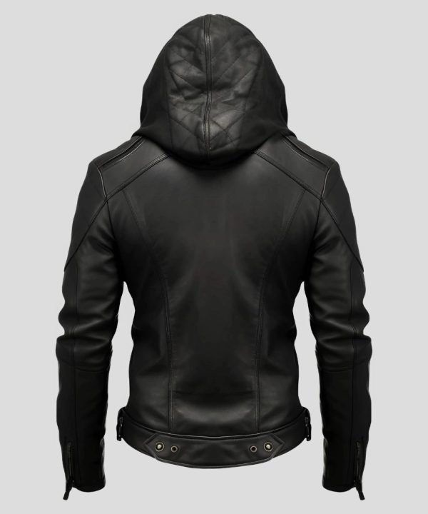 Mens Black Leather Hooded Jacket