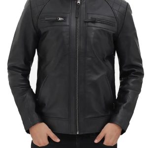 Mens Black Motorcycle Biker Leather Bomber Jacket