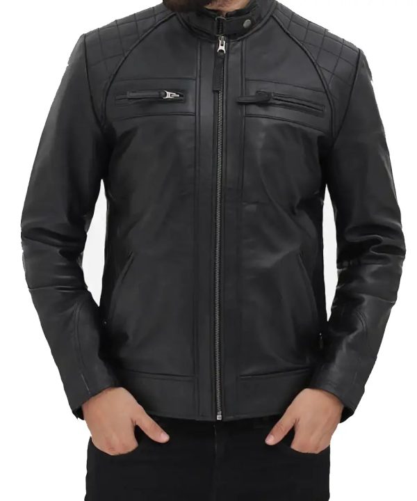 Mens Black Motorcycle Biker Leather Bomber Jacket