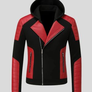 Mens Black & Red Motorcycle Leather Jacket With Sheepskin Detachable Hood