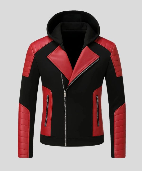 Mens Black & Red Motorcycle Leather Jacket With Sheepskin Detachable Hood
