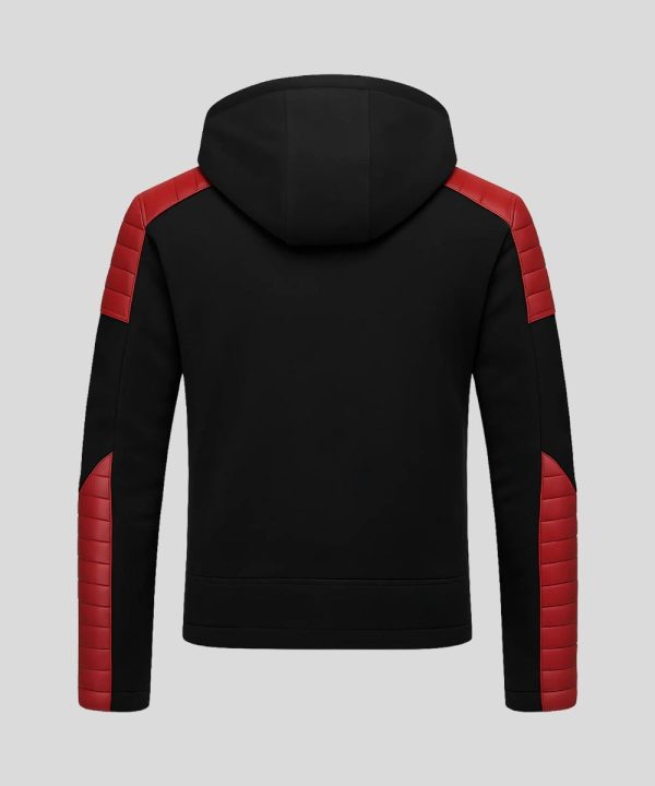 Mens Black & Red Sheepskin Detachable Hood Motorcycle Leather Jacket