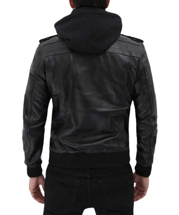 Mens Bomber Black Hooded Leather Biker Jacket