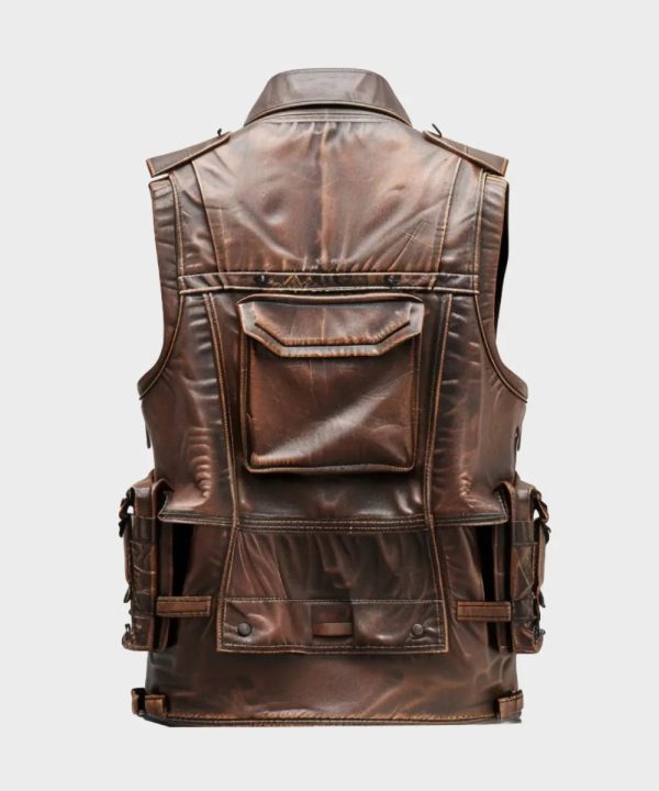 Mens Brown Distressed Military Style Leather Vest