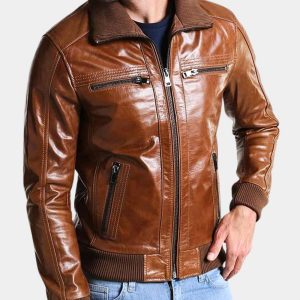 Mens Brown Leather Shining Bomber Jacket