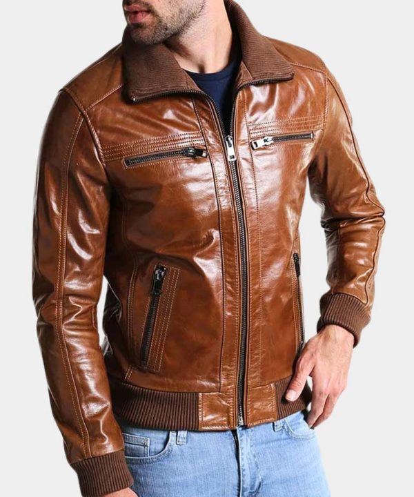 Mens Brown Leather Shining Bomber Jacket