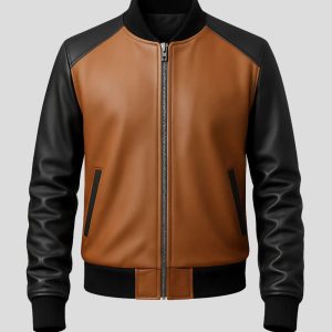 Mens Brown & Black Leather Bomber Jacket