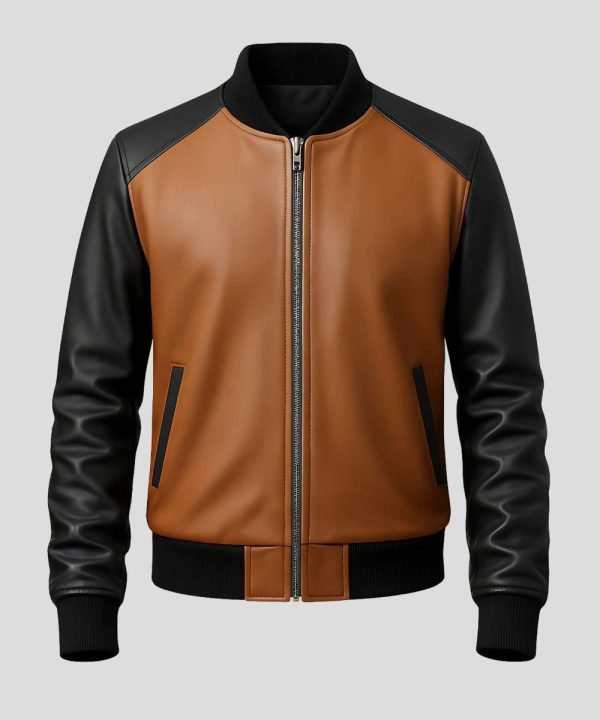Mens Brown & Black Leather Bomber Jacket