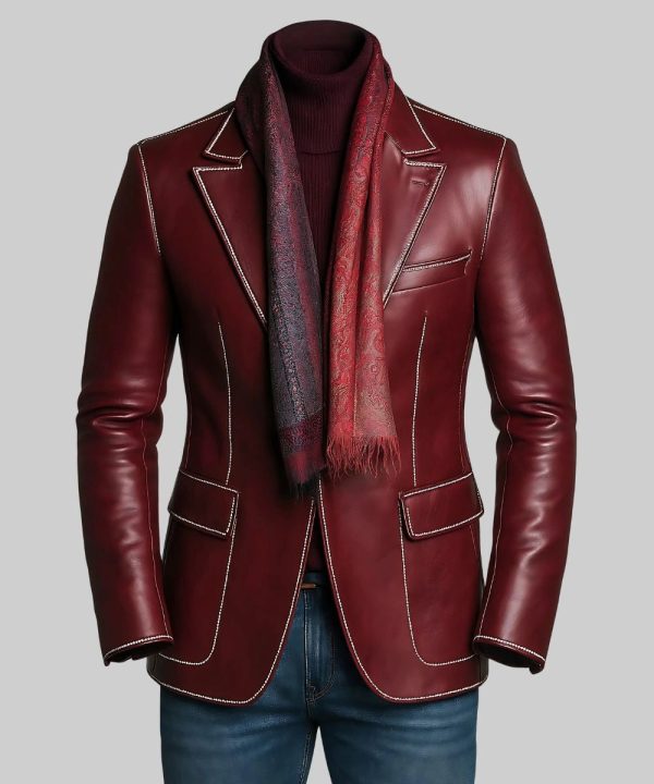 Mens Burgundy Lapel Single Contrast Leather Blazer