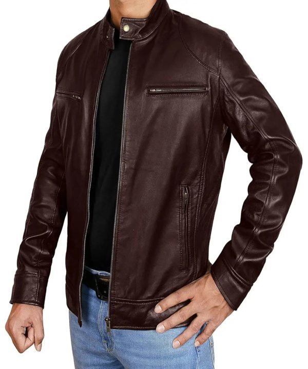 Mens Cafe Racer Brown Real Leather Biker Bomber Jacket