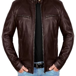Mens Cafe Racer Brown Real Leather Biker Jacket