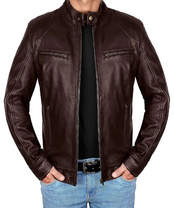 Mens Cafe Racer Brown Real Leather Biker Jacket