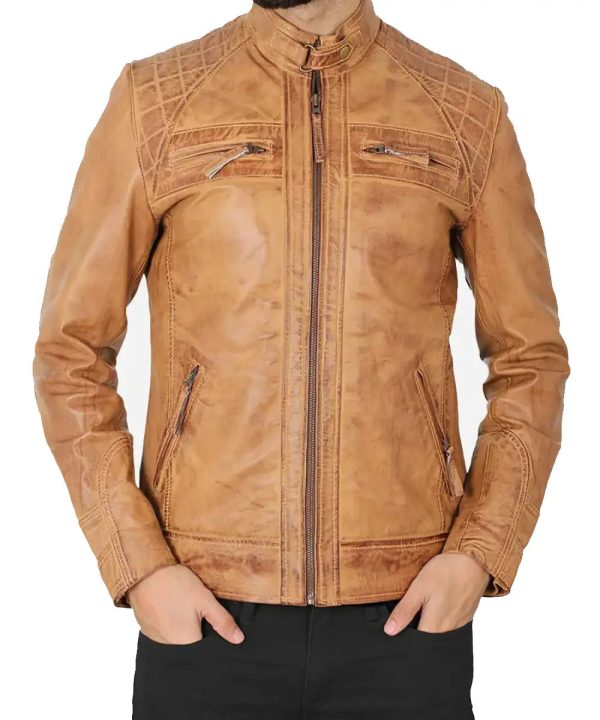 Mens Cafe Racer Camel Brown Lambskin Quilted Biker Leather Bomber Jacket