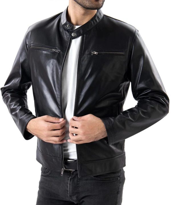 Mens Cafe Racer Genuine Lambskin Leather Bomber Jacket Black