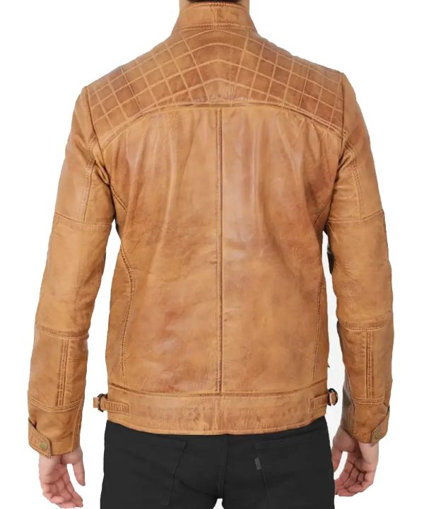 Mens Cafe Racer Lambskin Quilted Biker Camel Brown Leather Bomber Jacket