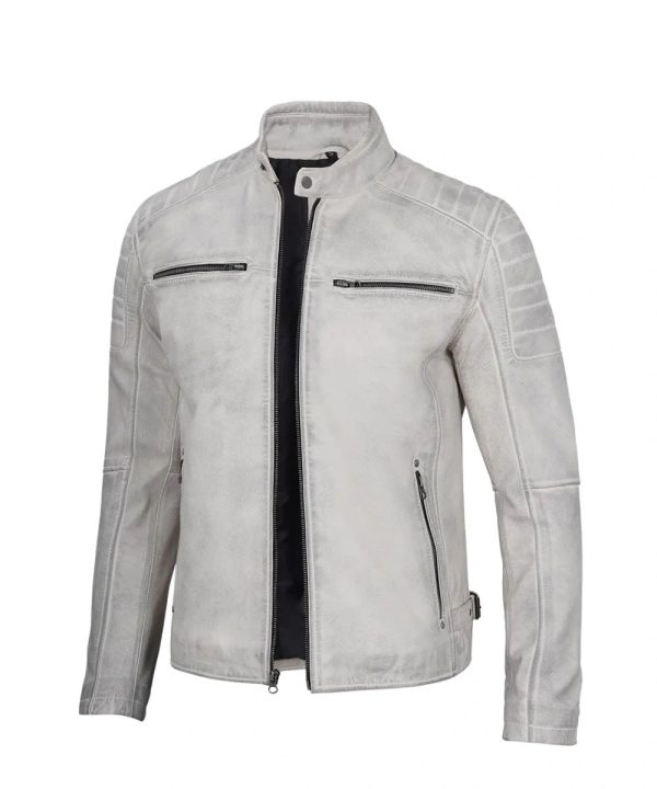 Mens Cafe Racer Leather Jacket Off White Grey Wax