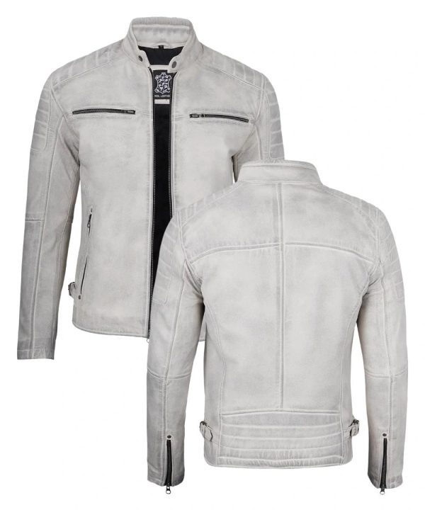 Mens Cafe Racer Off White Grey Wax Leather Jacket