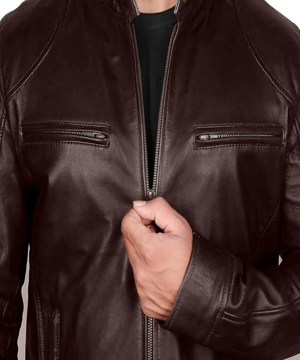 Mens Cafe Racer Real Leather Biker Jacket Brown