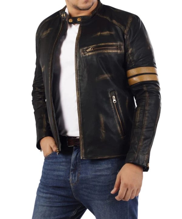 Mens Cafe Racer Vintage Genuine Lambskin Leather Jacket Black