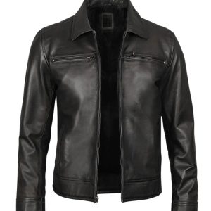 Mens Classic Black Leather Jacket with Shirt Style Collar