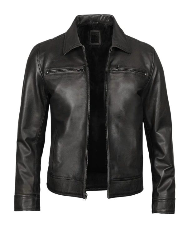 Mens Classic Black Leather Jacket with Shirt Style Collar
