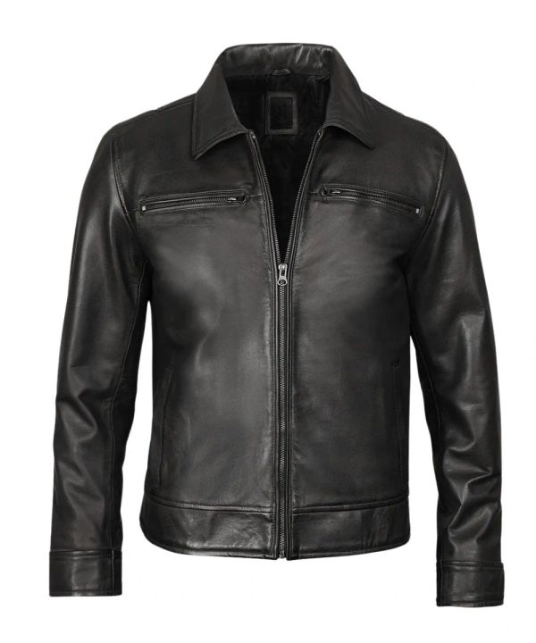 Mens Classic Black Shirt Style Collar Leather Jacket
